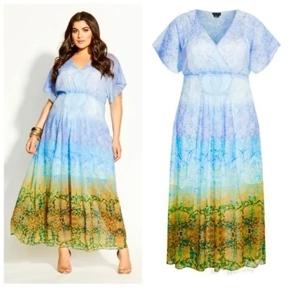 City Chic Shanika Mirror boho Maxi Dress - Sky plus size L 20