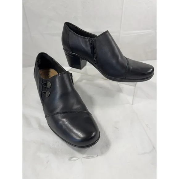 CLARKS Emslie Warren Leather Shooties Size 9.5 M Shoes Slip On Black Leather