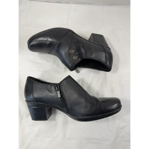 CLARKS Emslie Warren Leather Shooties Size 9.5 M Shoes Slip On Black Leather