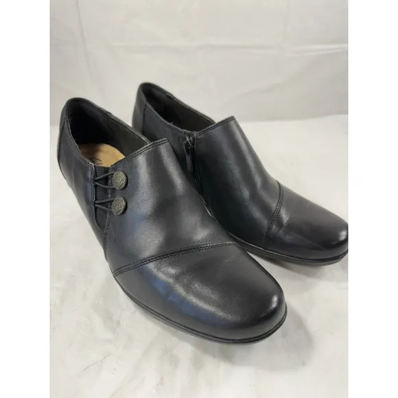 CLARKS Emslie Warren Leather Shooties Size 9.5 M Shoes Slip On Black Leather
