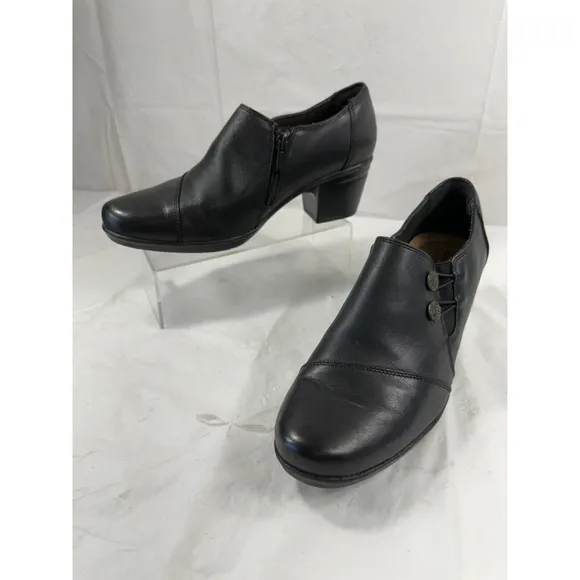 CLARKS Emslie Warren Leather Shooties Size 9.5 M Shoes Slip On Black Leather