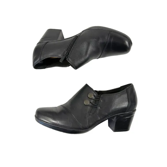 CLARKS Emslie Warren Leather Shooties Size 9.5 M Shoes Slip On Black Leather