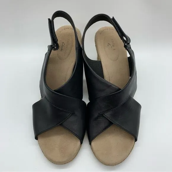 Clarks Lafley Back Strap Slingback Espadrille Wedges Black Size 10