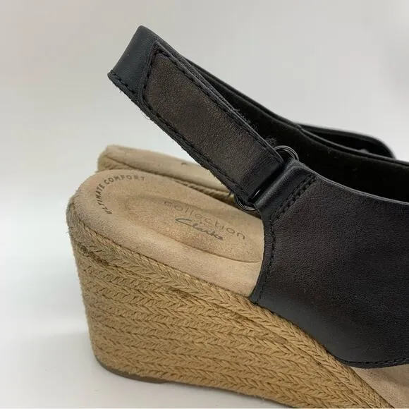Clarks Lafley Back Strap Slingback Espadrille Wedges Black Size 10