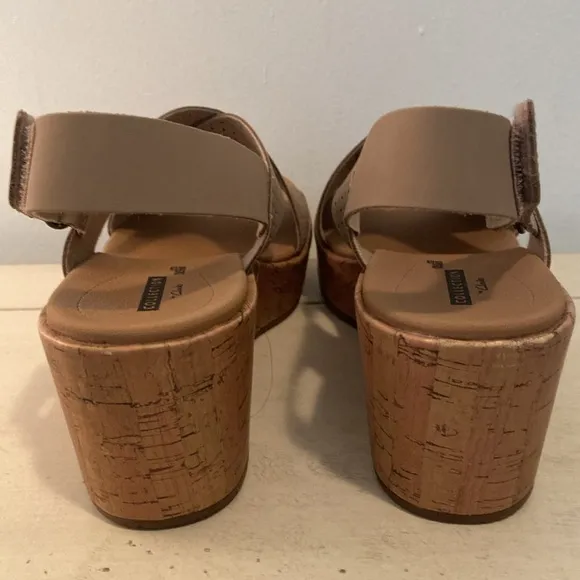 Clarks Perforated Leather Cork Wedge Sandals Stasha Bridget Sand 8.5W New