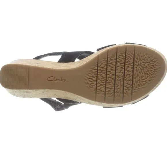 Clark’s Rose Erin Wedge Black Sandals Size 7.5 NWOB