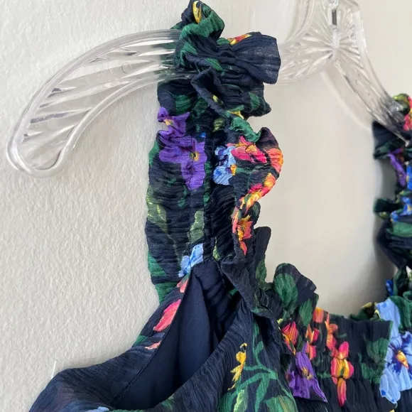 Club Monaco Oversized Silk Lined Tiered Floral Stretch Navy Dress, Size 4 or 6
