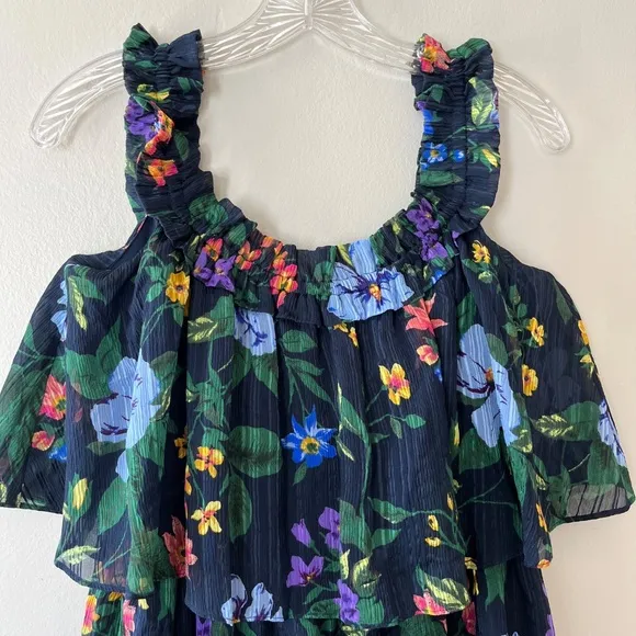 Club Monaco Oversized Silk Lined Tiered Floral Stretch Navy Dress, Size 4 or 6