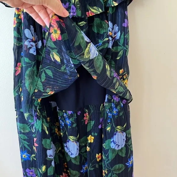 Club Monaco Oversized Silk Lined Tiered Floral Stretch Navy Dress, Size 4 or 6