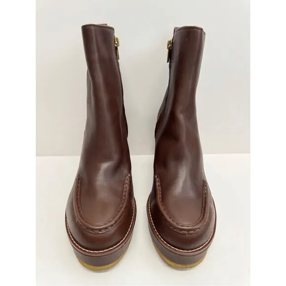 COACH Brady Leather Boots Size 8B in Walnut Leather Wedges Side Zip Logo NEW