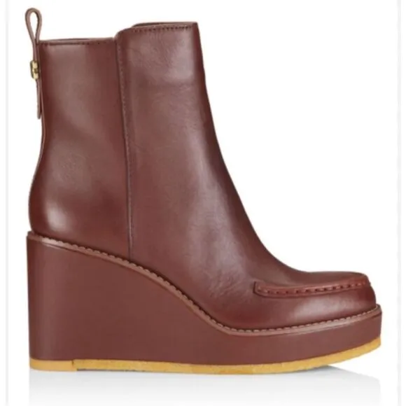COACH Brady Leather Boots Size 8B in Walnut Leather Wedges Side Zip Logo NEW