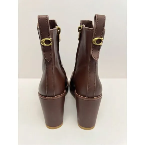 COACH Brady Leather Boots Size 8B in Walnut Leather Wedges Side Zip Logo NEW