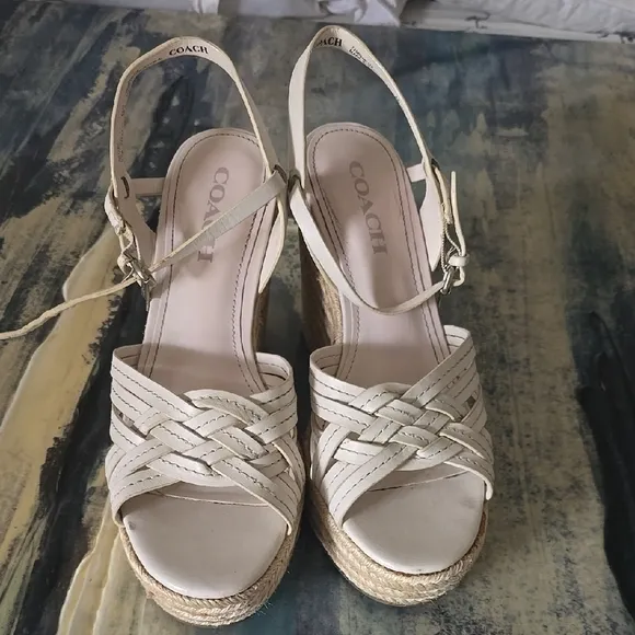 Coach Cream Wedge Espadriles with Adjustable Slingback, 8.5