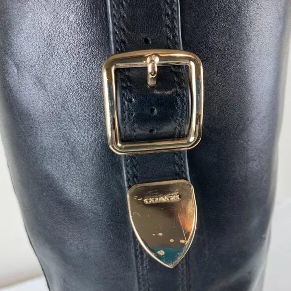 Coach Easton Womens sz 6.5 Black Leather Tall Side Zip Boots Gold Hardware
