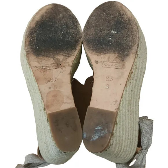 COACH Maritza leather slingback peep toe wedge heels tan bow sandals Size 6.5 B