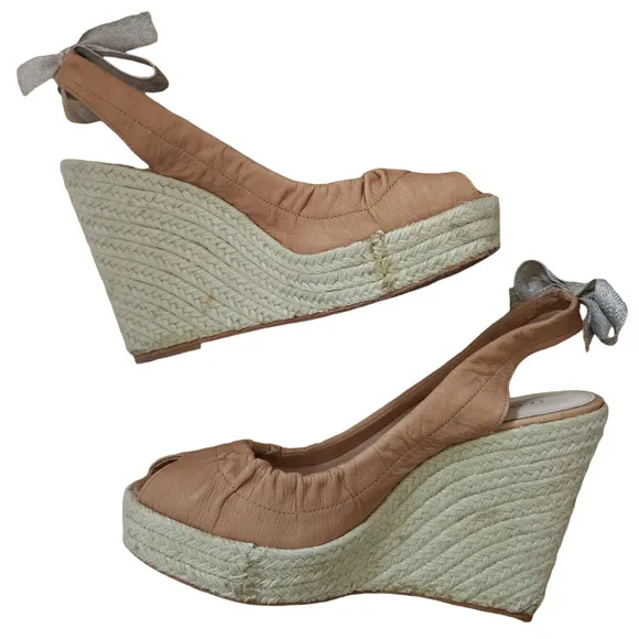 COACH Maritza leather slingback peep toe wedge heels tan bow sandals Size 6.5 B