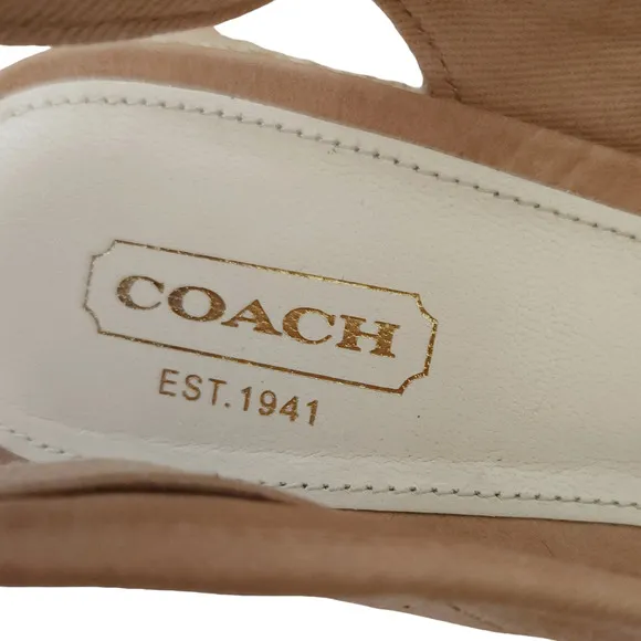 COACH Maritza leather slingback peep toe wedge heels tan bow sandals Size 6.5 B