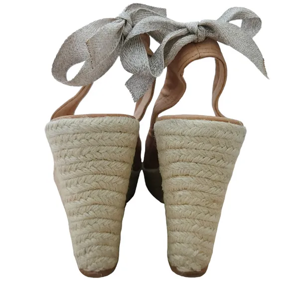 COACH Maritza leather slingback peep toe wedge heels tan bow sandals Size 6.5 B