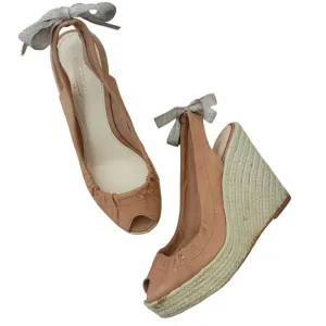 COACH Maritza leather slingback peep toe wedge heels tan bow sandals Size 6.5 B