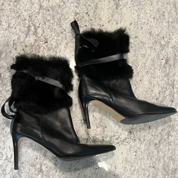 Coach Marlow Black Leather and Rabbit Fur‎ High Heel Boots - Size 10B