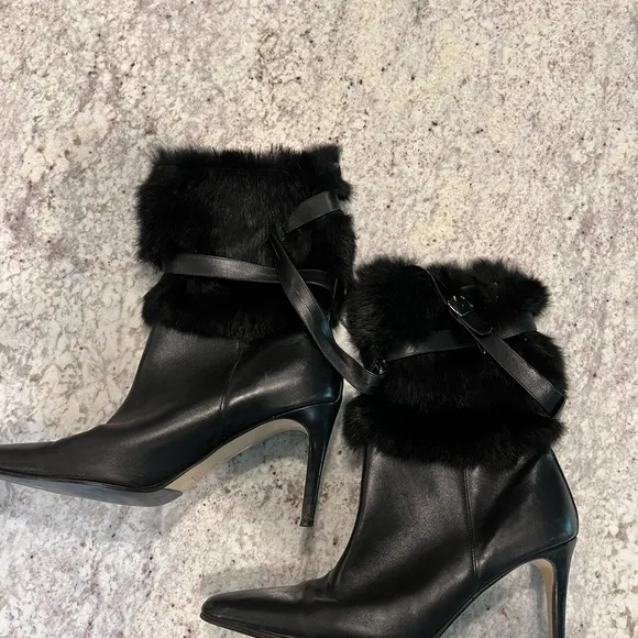 Coach Marlow Black Leather and Rabbit Fur‎ High Heel Boots - Size 10B