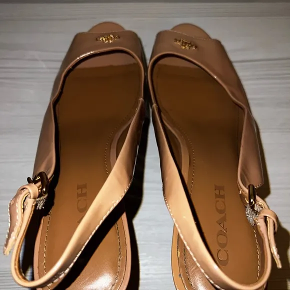 Coach Nude PatentLeather Slingback Cork Wedges-Sz 10