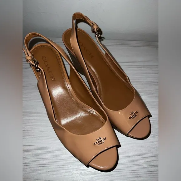 Coach Nude PatentLeather Slingback Cork Wedges-Sz 10
