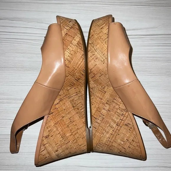 Coach Nude PatentLeather Slingback Cork Wedges-Sz 10