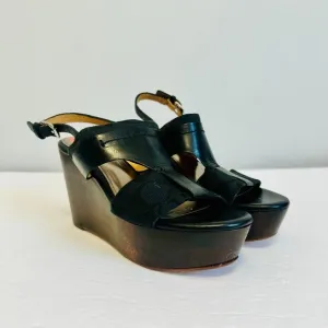 COACH SIGNATURE LOGO CANVAS AND LEATHER BLACK SLINGBACK PLATFORM WEDGES 6B
