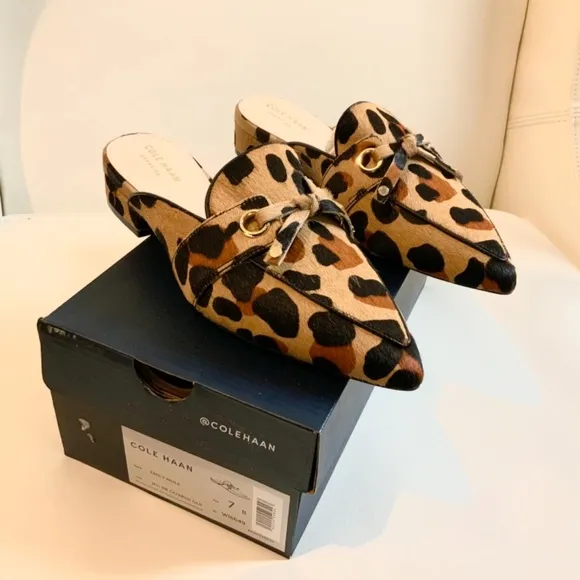 Cole Haan Emily Leopard Leather Mules Flats Sandal