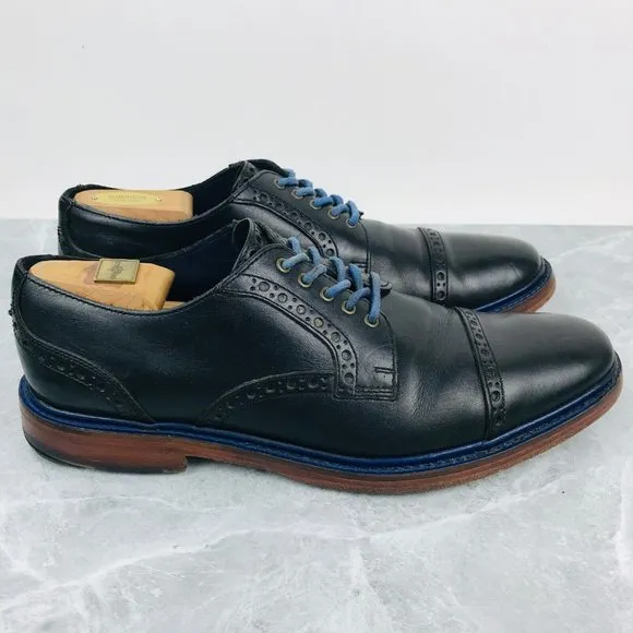 Cole Haan Mens Size 11 Shoes Black Leather Blue Cap Toe Brogue Derby Dress Shoes