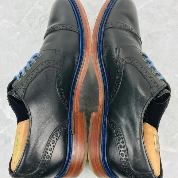 Cole Haan Mens Size 11 Shoes Black Leather Blue Cap Toe Brogue Derby Dress Shoes