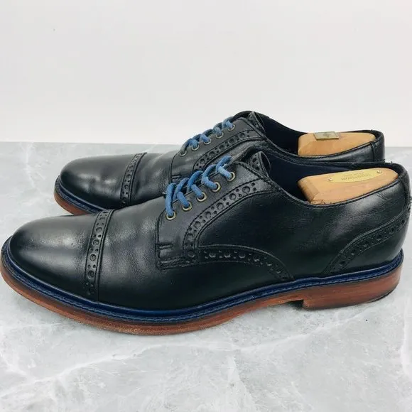 Cole Haan Mens Size 11 Shoes Black Leather Blue Cap Toe Brogue Derby Dress Shoes