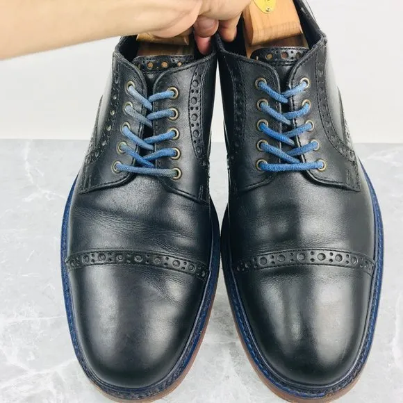 Cole Haan Mens Size 11 Shoes Black Leather Blue Cap Toe Brogue Derby Dress Shoes