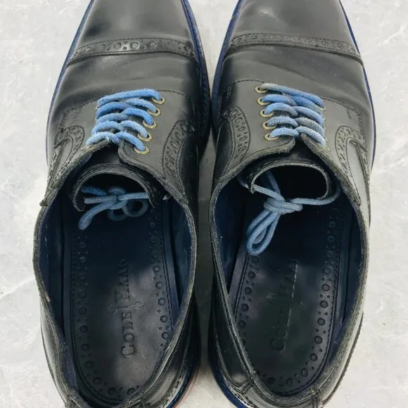 Cole Haan Mens Size 11 Shoes Black Leather Blue Cap Toe Brogue Derby Dress Shoes