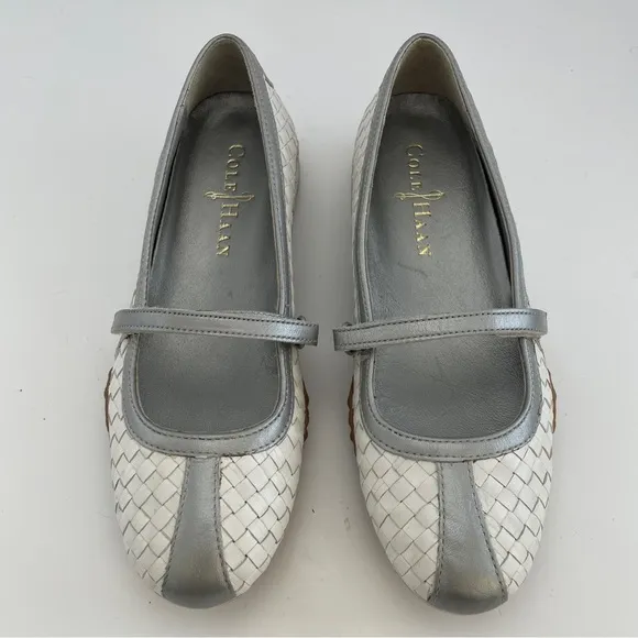 Cole Haan Silver and White Mary Jane Flats