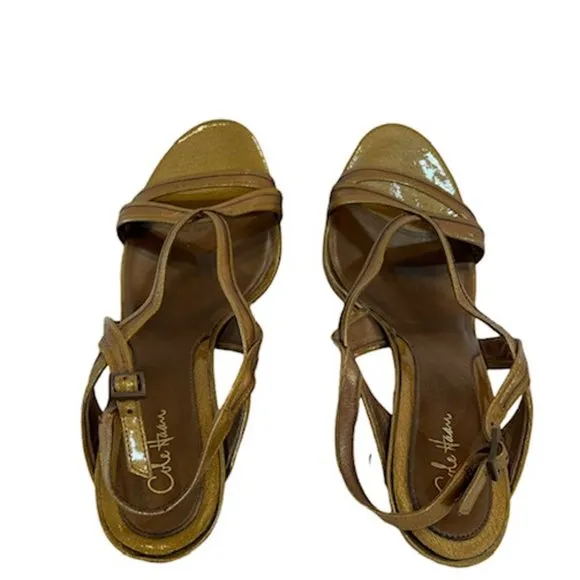 Cole Haan Tiana Bronze/Gold Patent Leather Open Toe Strappy Slingbacks Sz 9.5