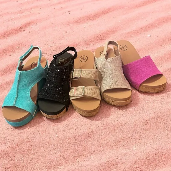 Colombia Comfort MELISSA Turquoise Blue Denim Slingback Cork Wedge Sandals
