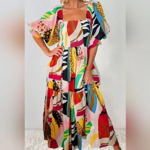Colorful Printed 100% cotton  Short Sleeve Midi Farm Dress sz M