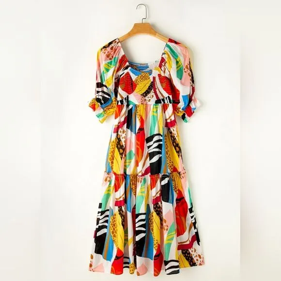 Colorful Printed 100% cotton  Short Sleeve Midi Farm Dress sz M