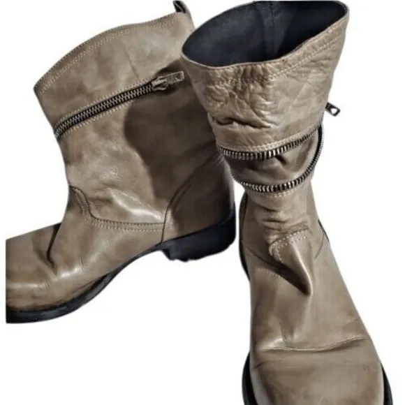 Cordani Leather Ankle Boots Side Zip Stacked Heel Taupe‎ Made in Italy size 7