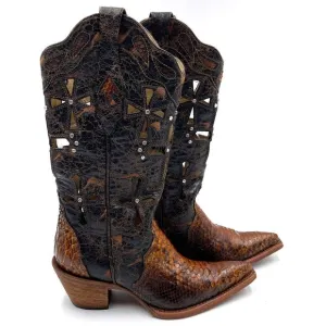 Corral Musgo Python Snakeskin Boots Black Brown Western Cut Outs Crystals Sz 6