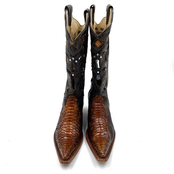 Corral Musgo Python Snakeskin Boots Black Brown Western Cut Outs Crystals Sz 6