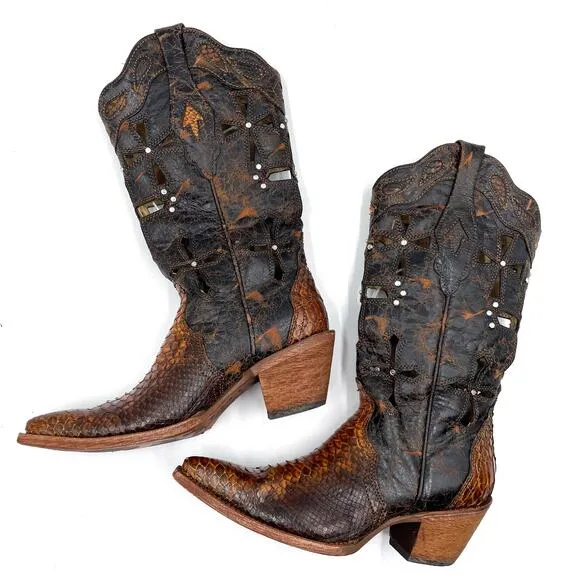 Corral Musgo Python Snakeskin Boots Black Brown Western Cut Outs Crystals Sz 6