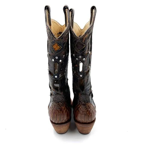 Corral Musgo Python Snakeskin Boots Black Brown Western Cut Outs Crystals Sz 6
