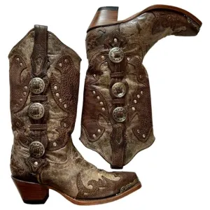 Corral Rancho Western Boots Brown Leather Studded with Silver Concho's Size 6.5