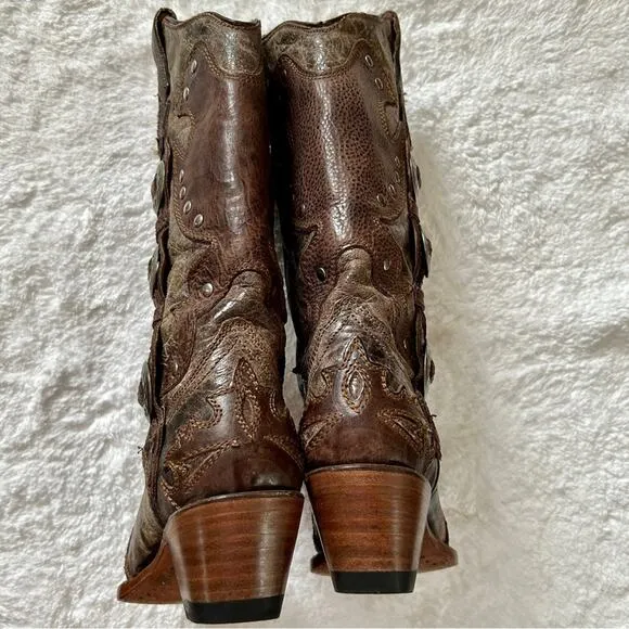 Corral Rancho Western Boots Brown Leather Studded with Silver Concho's Size 6.5