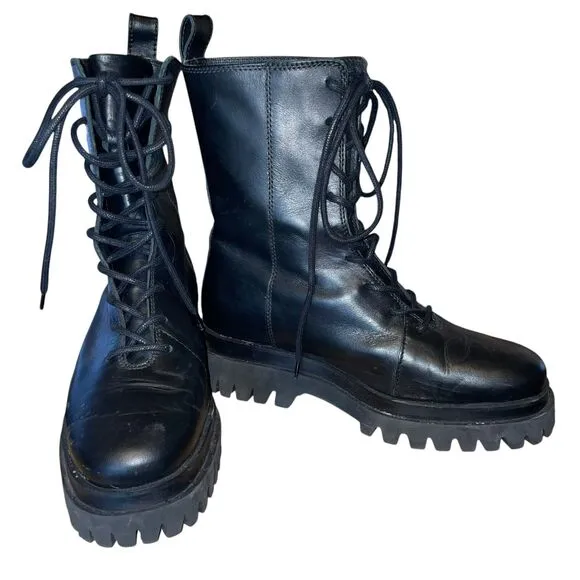 COS Boots 8 Chunky Black Leather Moto Tall Chelsea Boots Made in Portugal