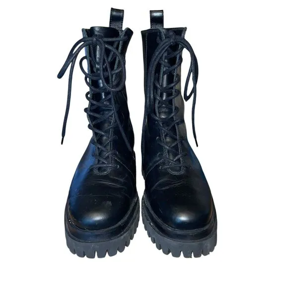 COS Boots 8 Chunky Black Leather Moto Tall Chelsea Boots Made in Portugal