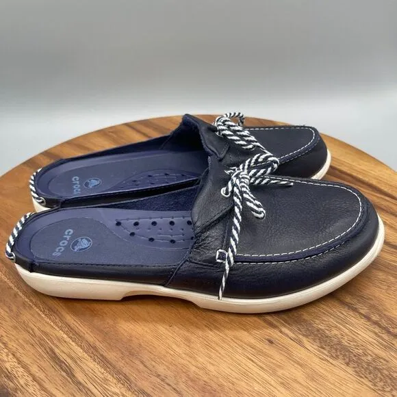 Crocs Mules Womens Size 10 Navy / Blue Leather Slip On Deck Boat Shoes 11816
